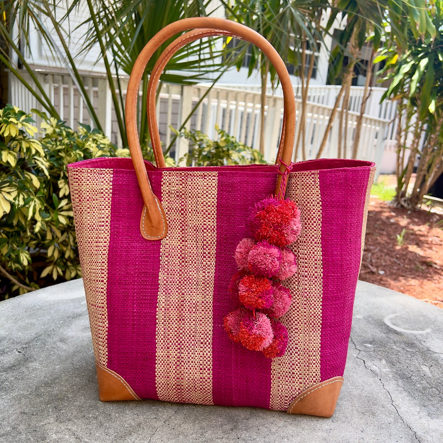 Pink Striped Straw Tote Bag