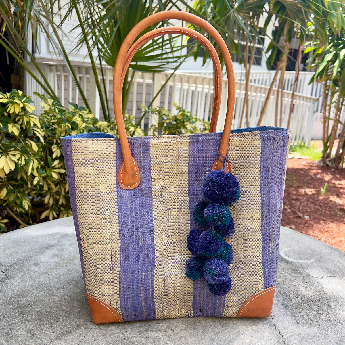Blue Striped Straw Tote Bag