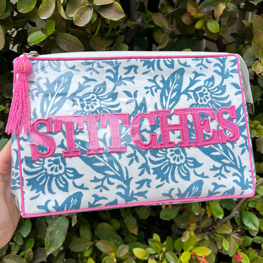 Blue and Pink Floral Stitches Project Pouch