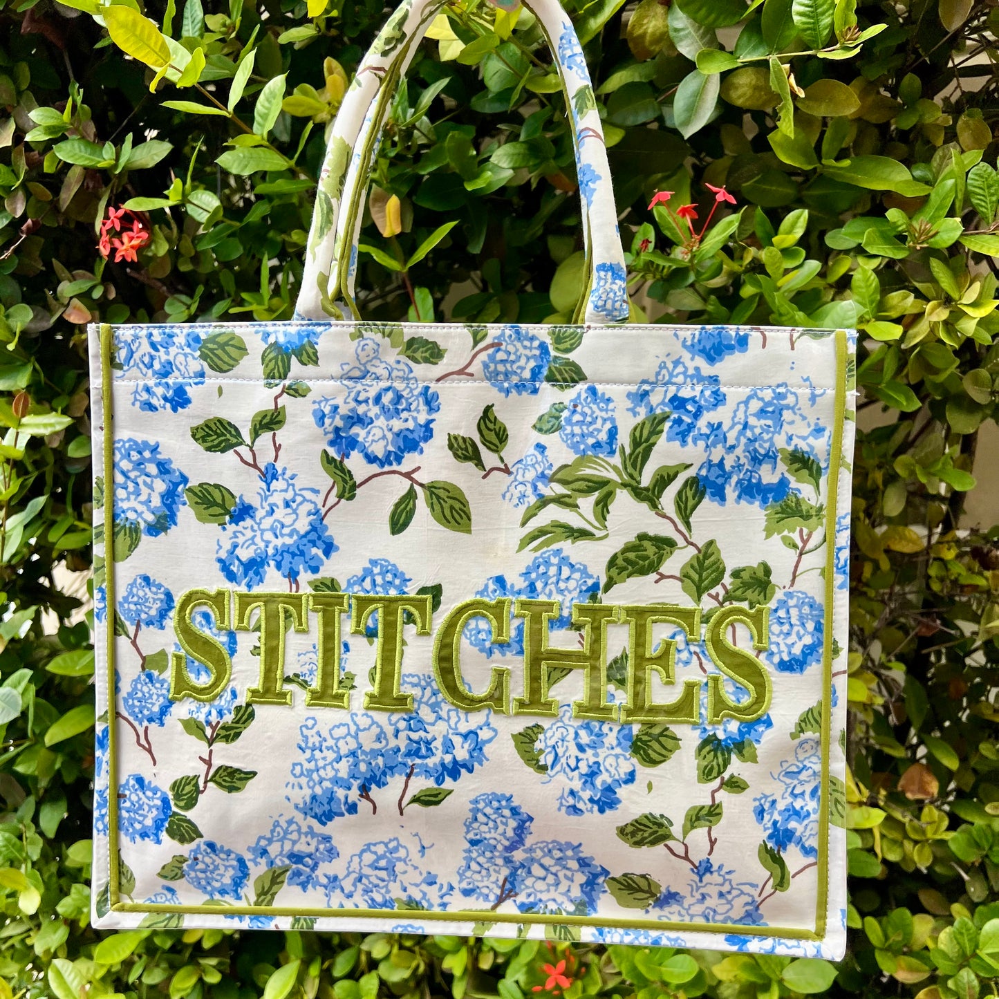 Blue Hydrangea Stitches Tote Bag