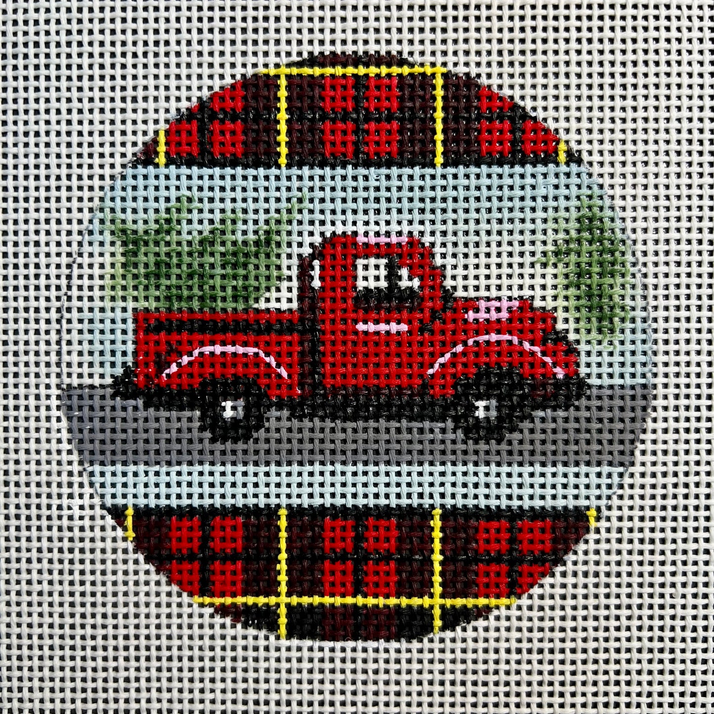 Red Truck Christmas Plaid 4" Round Ornament