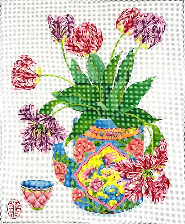 Tulips in a Peranakan Teapot