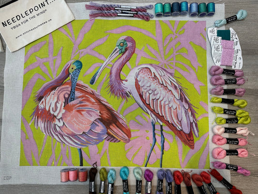 Spoonbills with Palm Leaves