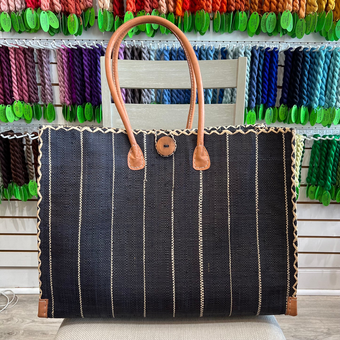 Black Vertical Striped Straw Tote Bag