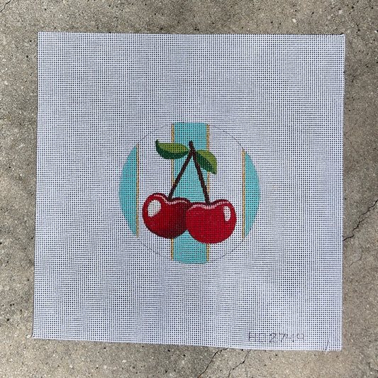 Cherries on Teal Stripes 4" Round