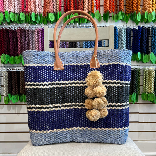 Blue Basket Bag with Pom Poms
