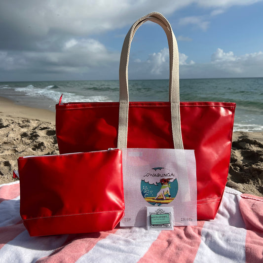 Vinyl Tote Bag and Makeup Bag Set Red