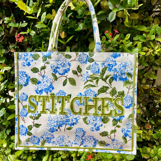 Blue Hydrangea Stitches Tote Bag