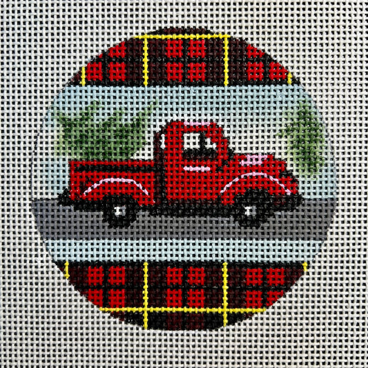 Red Truck Christmas Plaid 4" Round Ornament