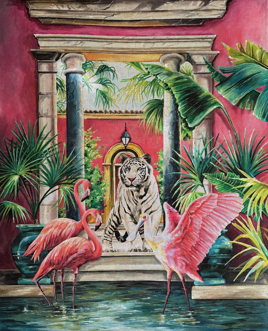 White Tiger and Spoonbills Large Tapestry